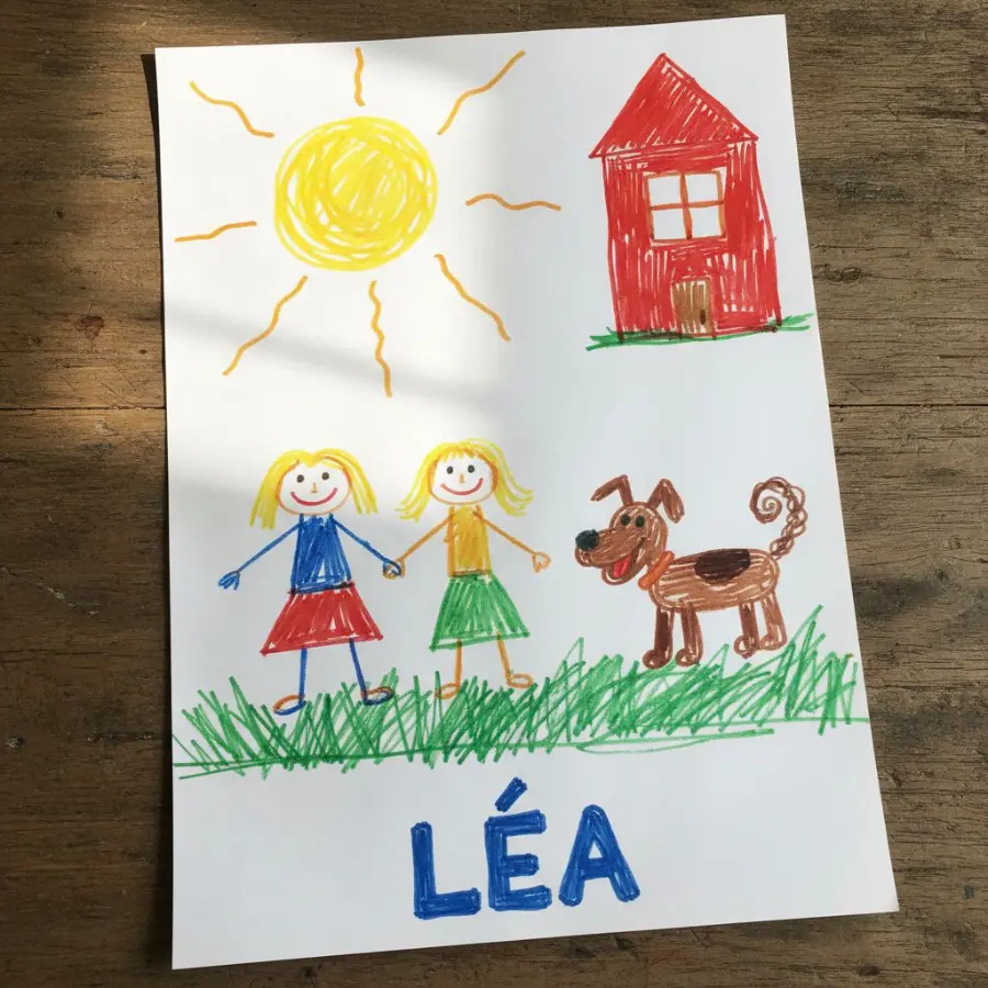 La photo d'un dessin de Léa, posé sur une table